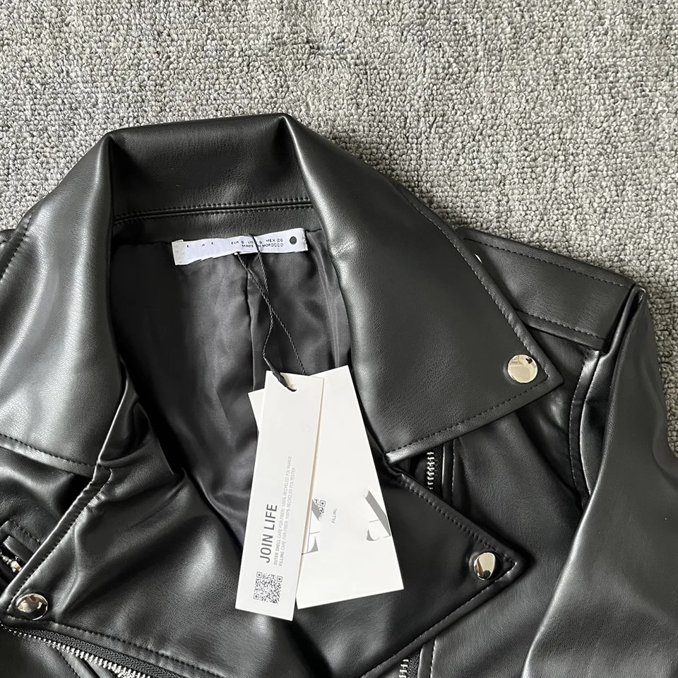 Taop Za autumn womens clothing slim fit simple lapel short zipper decoration s leather jacket 241011