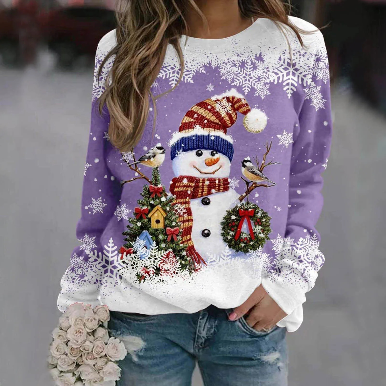 Womens Long Sleeve Sweatshirt Mixed Color Christmas Regular Winter White and Blue Azure White Black Gradient red Sweatshirt 241011