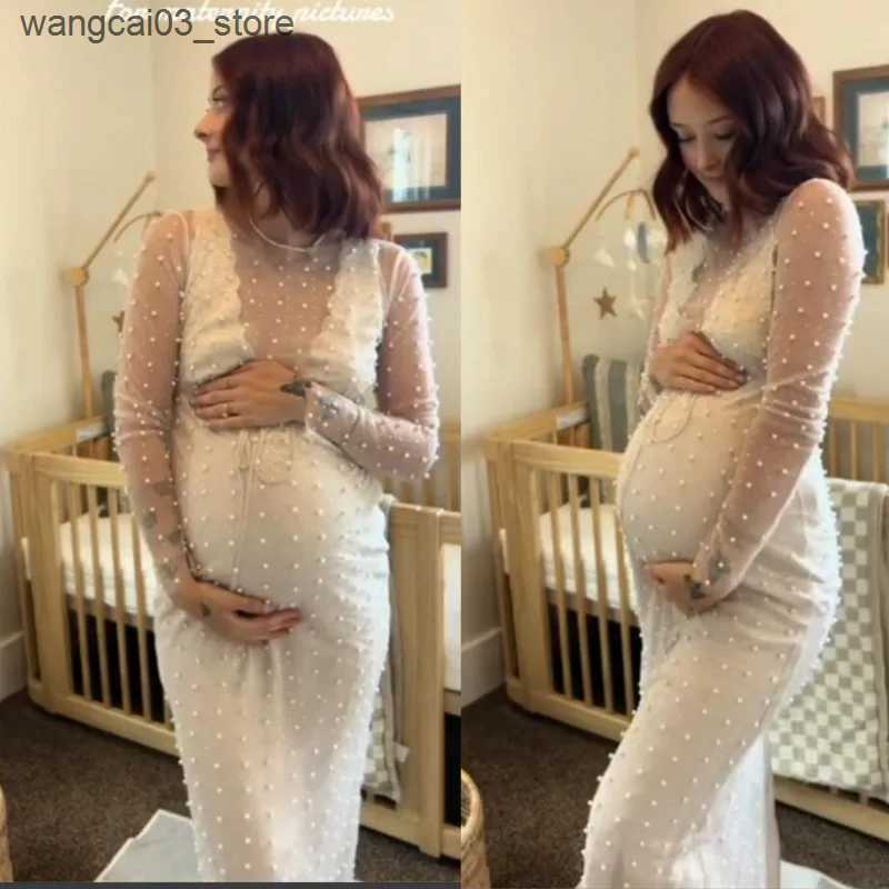 Maternity Dresses Womens Sheer Mesh Pearl Rhinestone dress Beach Bikini Swimsuit Coverups Maternity Dresses Photoshoot L240910