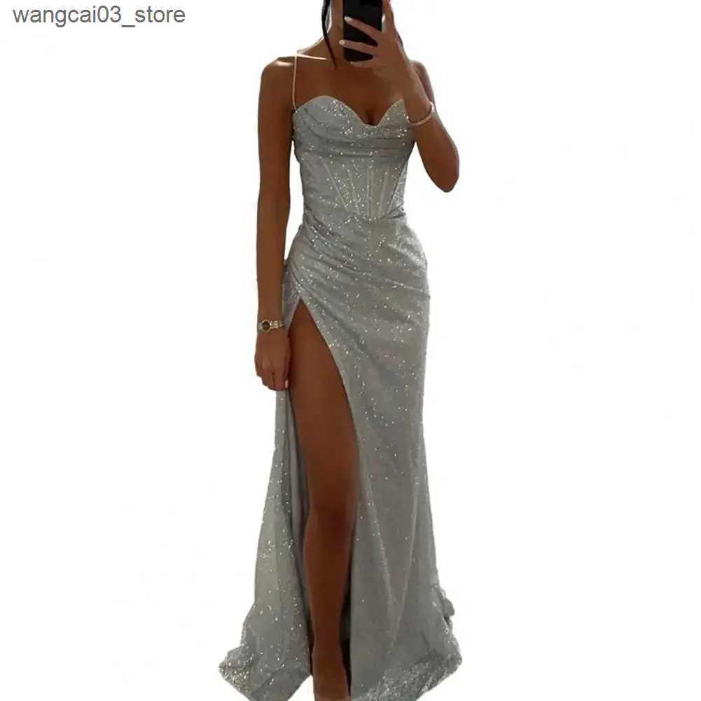 Maternity Dresses Women Polyester Maxi Dress Elegant Sequin Spaghetti Strap Evening Dress with High Split Off Shoulder Design Womens for Formal L24091
