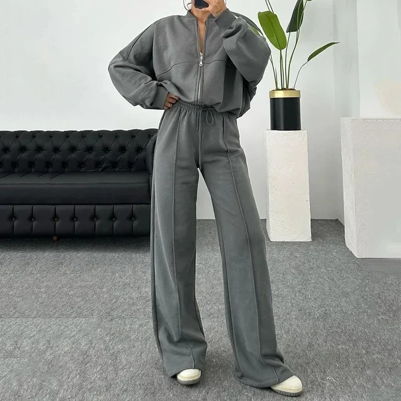Womens twopiece long pants set solid loose casual full elegant zipper jacket wide leg high waist 241008
