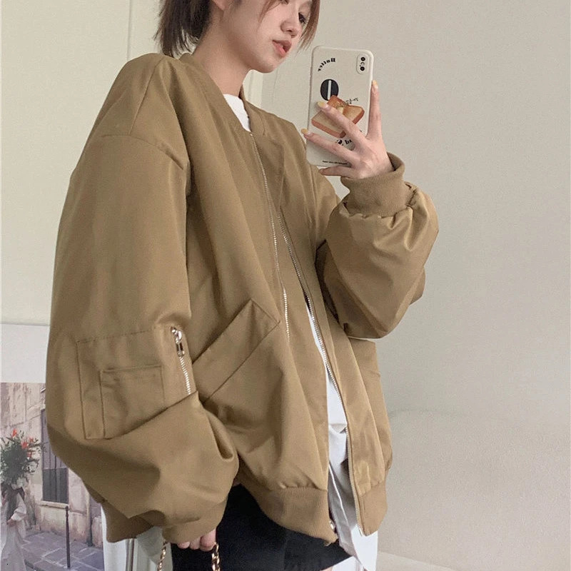 Deeptown Vintage Bomber Womens Jacket Oversized Harajuku Fashion Streetwear Spring Baseball Jackets Zipper Korean Style Coats 241011