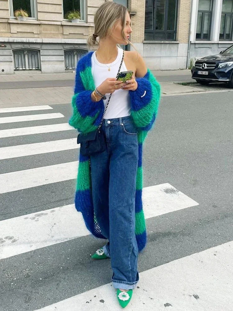 Fashion Stripe Long Cardigan Sweater Women Lantern Sleeve Loose Oversize Knitted Coat Autumn Lady Chic Streetwear Overcoat 241007