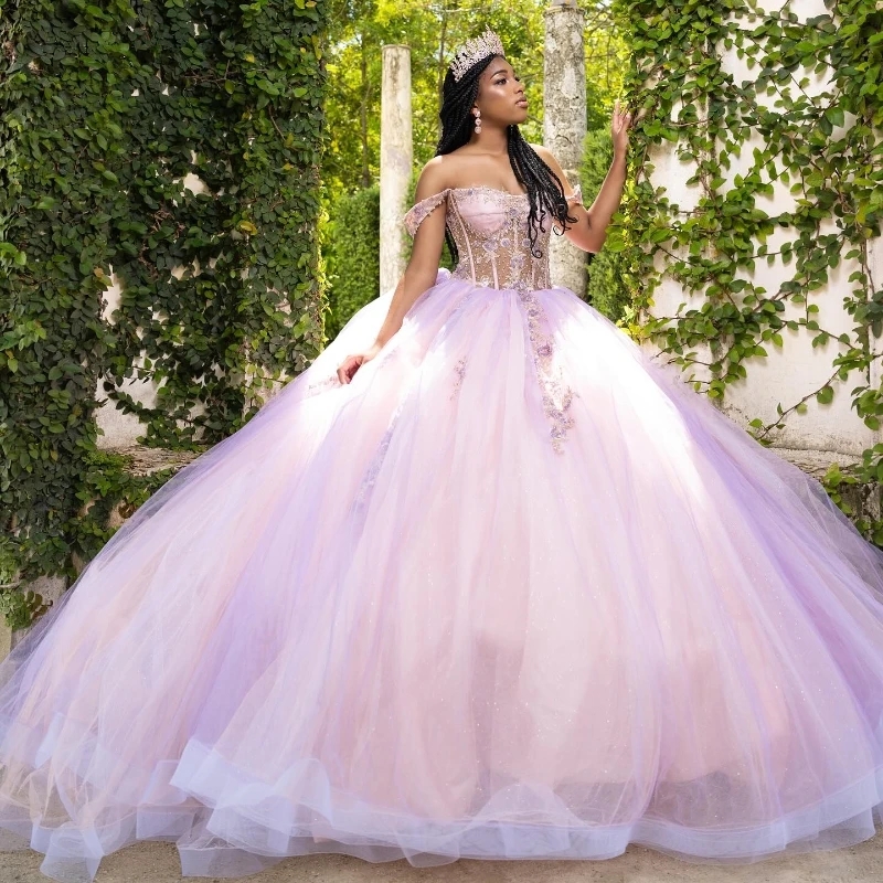 Pink Quinceanera Dresses Sweet 16 Year Ball Gown Off the Shoulder Applique Lace Tull Party Birthday Dress for Girl vestidos 15 De Anos
