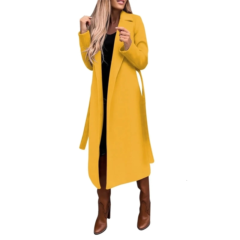 2023 Crossborder Womens Autumnwinter Solid Color Lapel Long Sleeve Woolen Jacket Simple Tied Windbreaker 240905