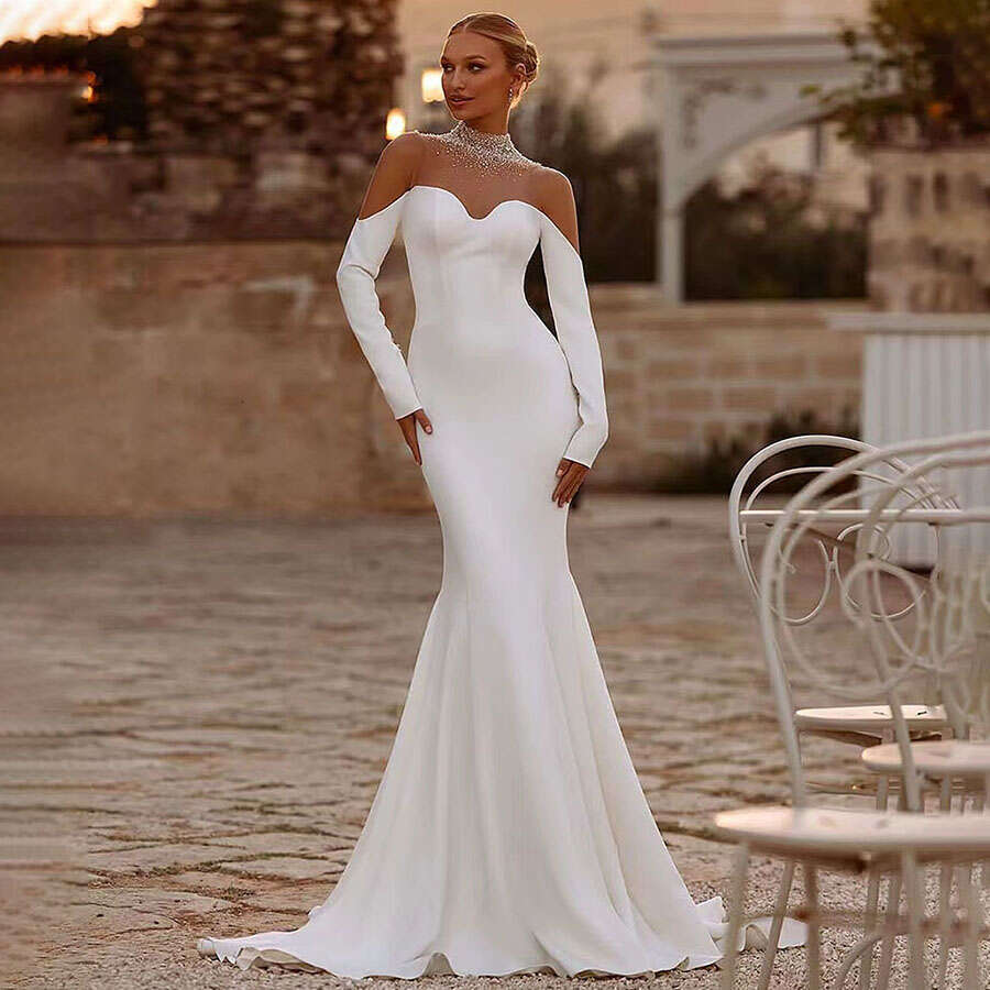 New Classic Mermaid Wedding Dresses Stain Beaded V-Neck Gowns Sexy Zipper Back Sweep Train Bridal Gown 2024