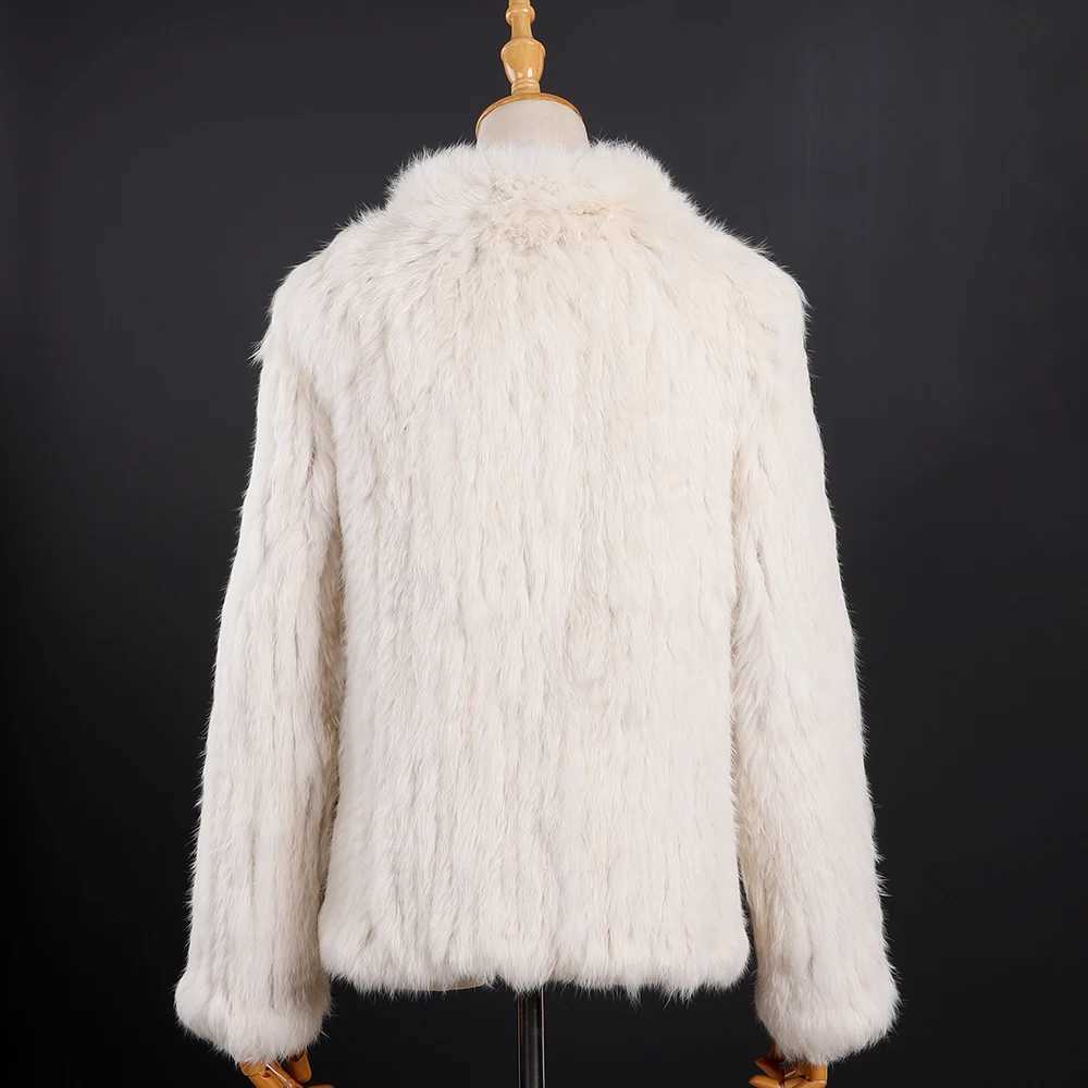 Luxury Womens Winter True Rabbit Fur Knitted Jacket Long Sleeve Vertical Collar Coat Womens Classic True Fur Coat with Pocket W241010