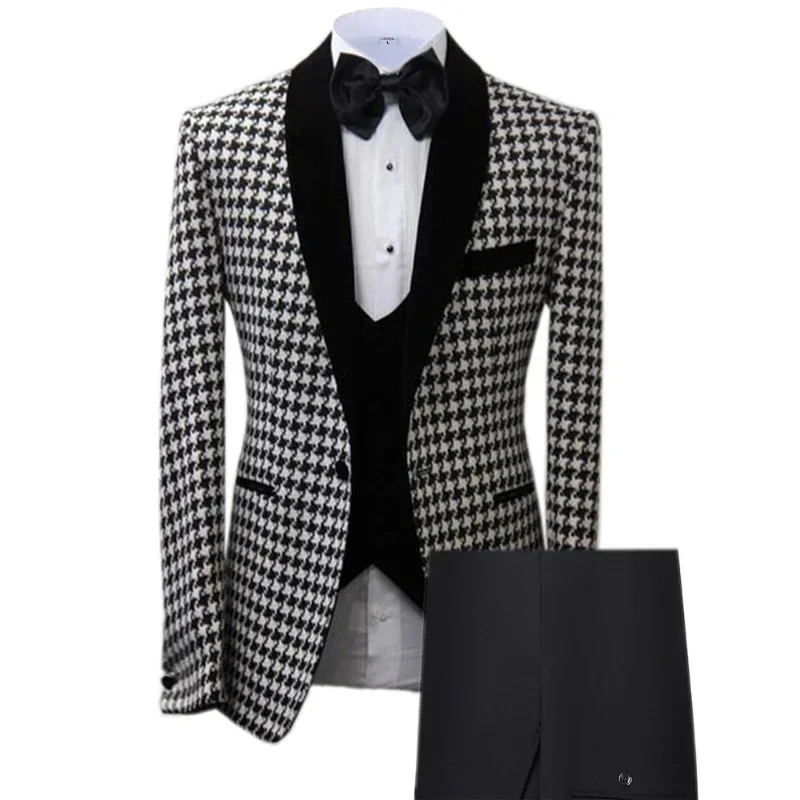 Check Wedding Suits For Men Slim Fit Casual Houndstooth Blazer With Vest Pants 3 Pcs African Groom Tuxedo Wedding Fashion 2024