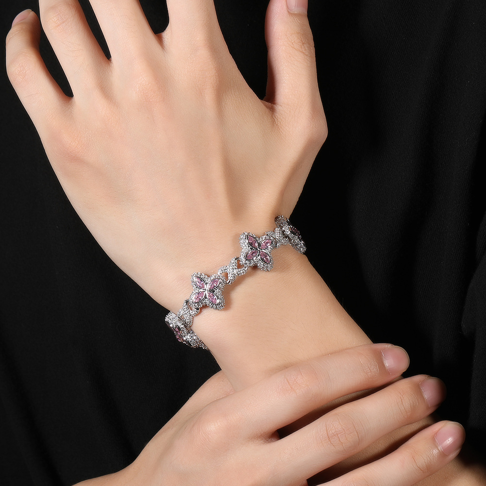Hip Hop Cross Flower Infinite Chain Necklace Bracelet 5A Cubic Zirconia Women Mens Rap Jewelry Set