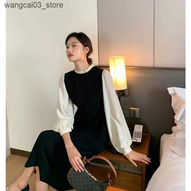 Maternity Dresses Maternity Stitching Fake Two-piece Clothes French Temperament Pregnancy Palace Sleeve Long-sleeved Dress 2024 Spring Autumn New L240