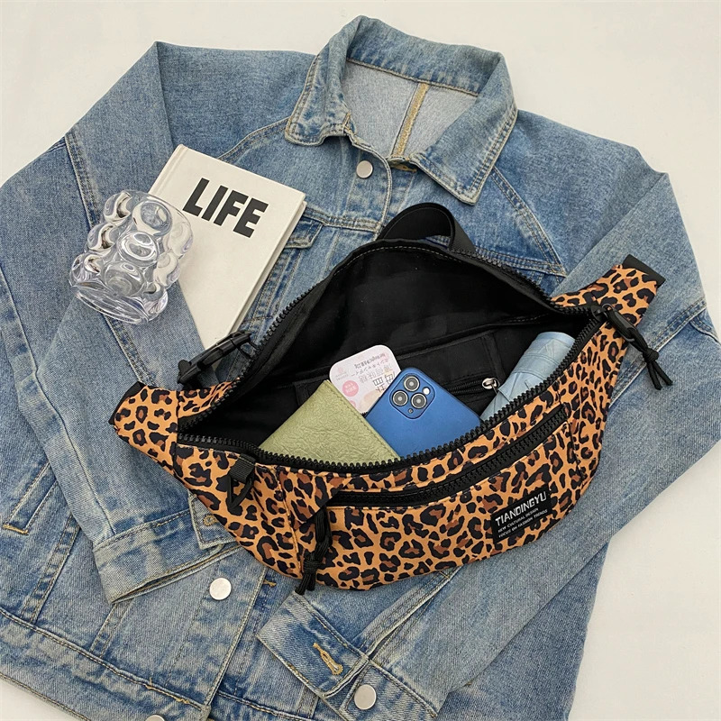 Big waist bag womens canvas Fanny bag casual leopard print nylon cross chest bag womens travel anti-theft belt large pocket 241008