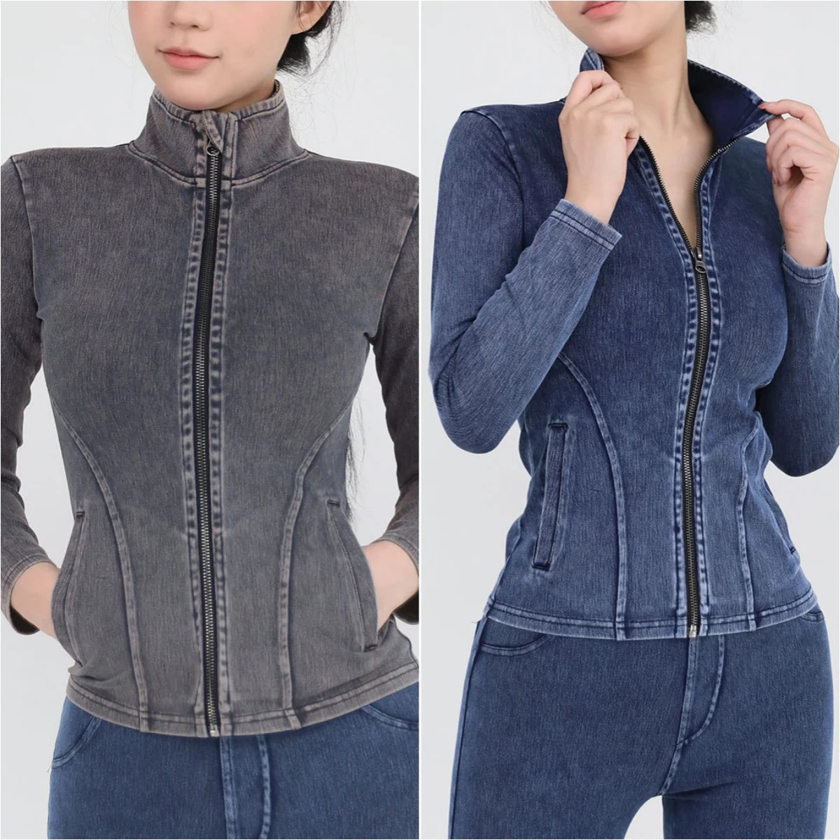 Womens yoga jacket elastic denim fitness sports and leisure full zipper gym top slim fit long sleeved womens sportswear 241010