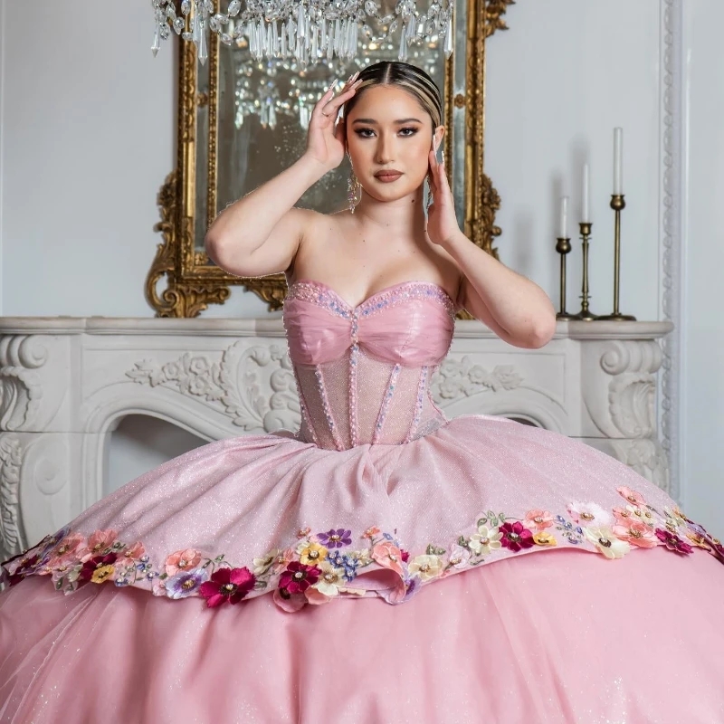Sparkling Pink Sweetheart Quinceanera Dresses Off the Shoulder Beads Crystal Applique Party Sweet 16 Ball Gown Graduation Vestidos De 15 Anos