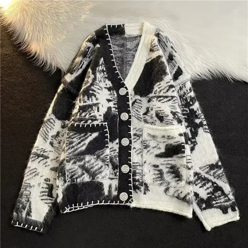 Mens black Y2k vintage tie dye knit sweater mens cardigan V-neck aesthetic pocket Maltry winter fun 241007
