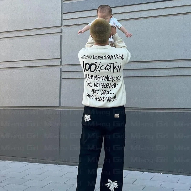 Mens sweater winter letter graphic handle Harajuku casual loose cotton streetwear womens hip-hop knit sweater unisex style 241007
