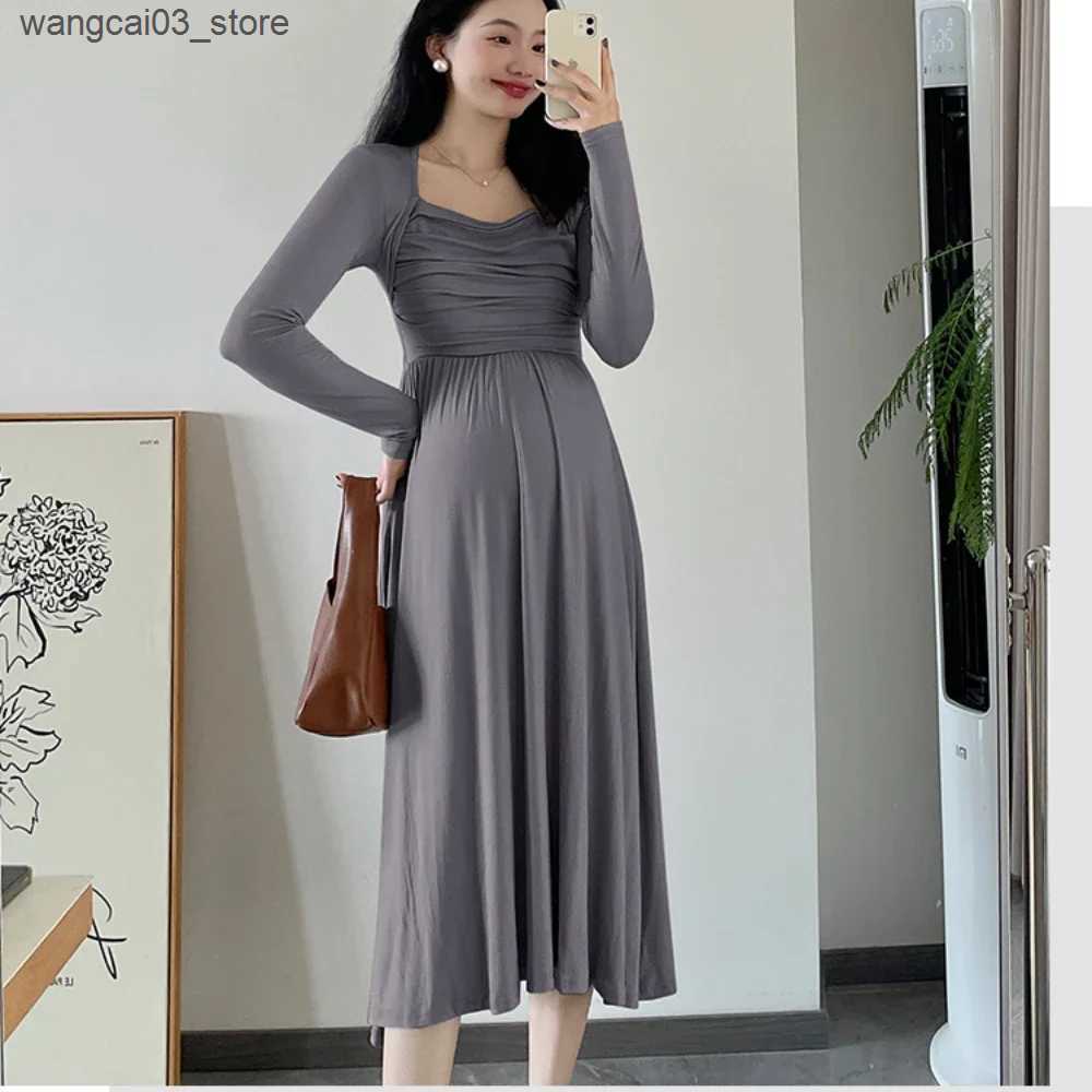 Maternity Dresses 2024 Spring Maternity Dresses Long Sleeve Square Collar High Waist Pregnant Woman Modal Dress Faux Two Pieces Pregnancy Clothes L240