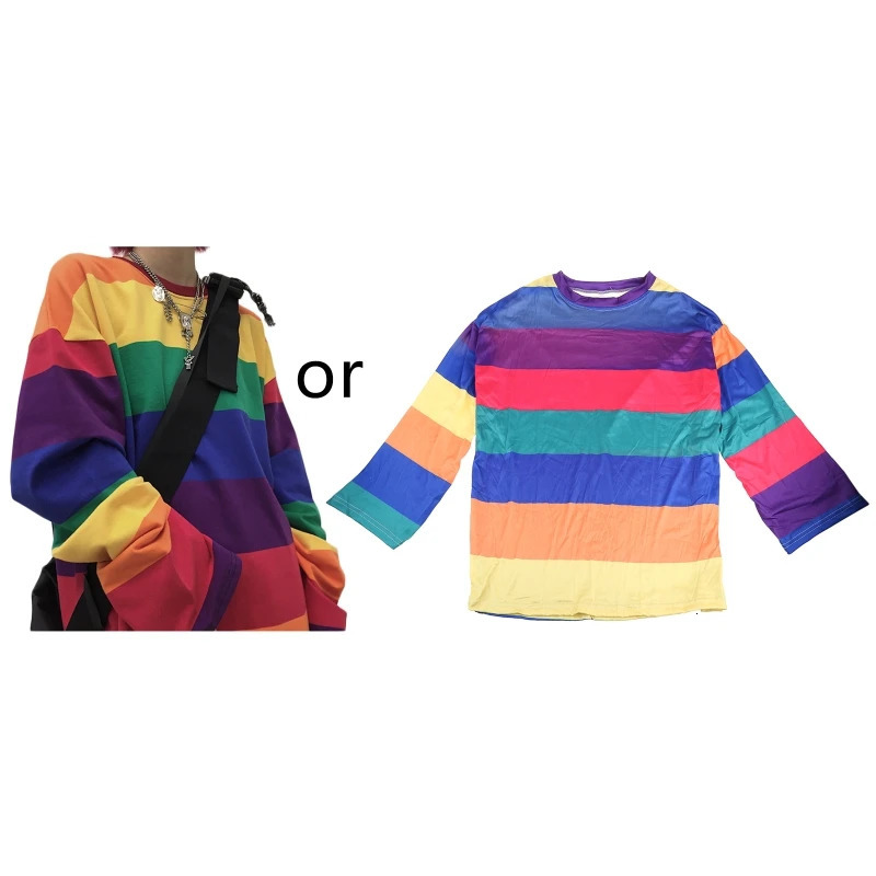 Korean Women Long Sleeve ONeck for T Shirts Harajuku Rainbow Striped Printed Pullover Tunic Tops Hip Hop Casual Dropship 241011