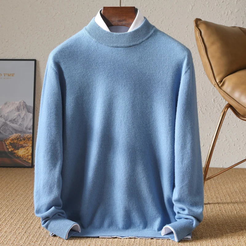 DjzDsm Mens Half High Collar 100% Pure Wool Sweater Mens Casual Outdoor Jacket Loose Large Size Knitted Pullovers Tops 241007
