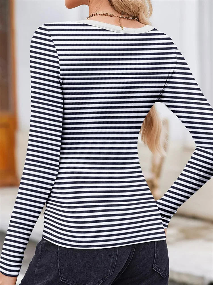 GuliriFei Women Striped Print T-shirts Crop Tops Long Sleeve Round Neck Low Cut Slim Fit Basic Tees Shirts Spring Fall Blouses 241011