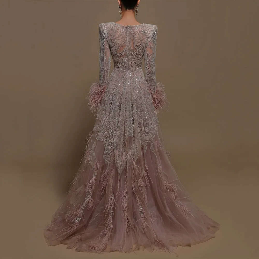 Hot Selg Celebrity Long Sleeve Feather Evening 2024 Dubai Mermaid V Neck Beaded Sequin Red Carpet Banquet Prom Dress
