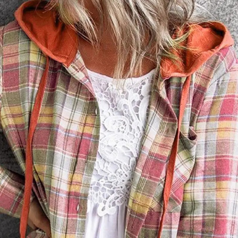 Women Autumn Hooded Collar Plaid Sweatshirt Drawstring Loose Casual Hoodies Button With Chest-pocket 240919