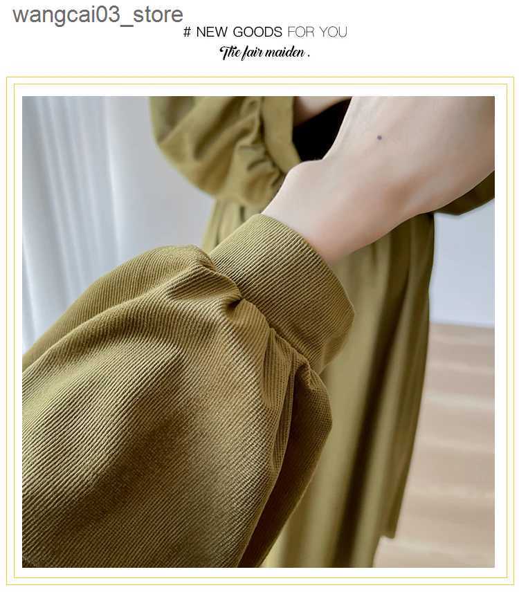 Maternity Dresses 2024 Autumn/winter Pregnant Women Corduroy Dress Long Lantern Sleeve V-Neck High Waist Maternity Elegant Dress Party Clothes L240910