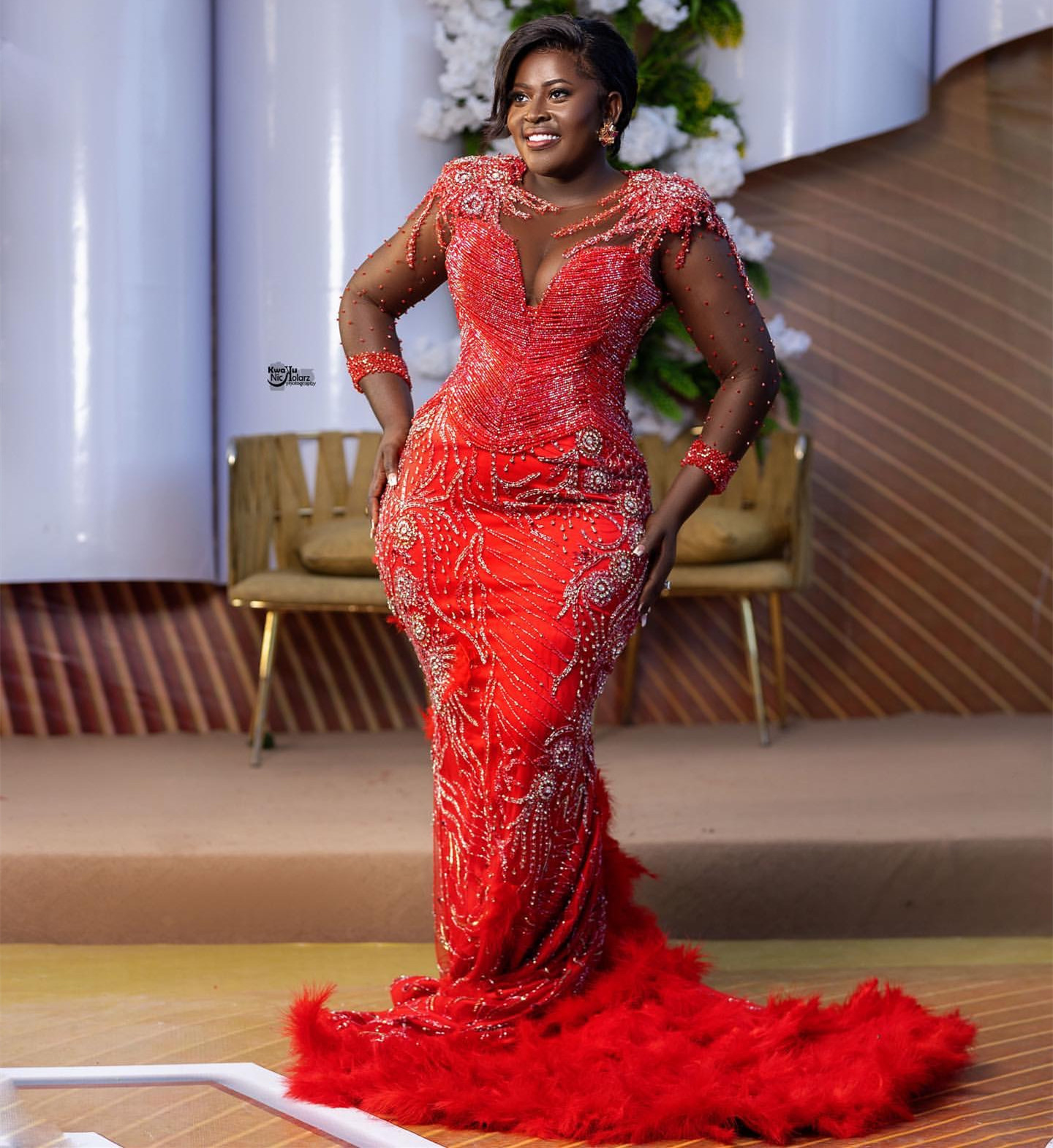Aso Ebi 2024 Red Prom Dresses Rhinestones Beaded Feather Sequined Evening Formal Sheer Neck Party Second Reception Birthday Gowns Dress For Special Oc