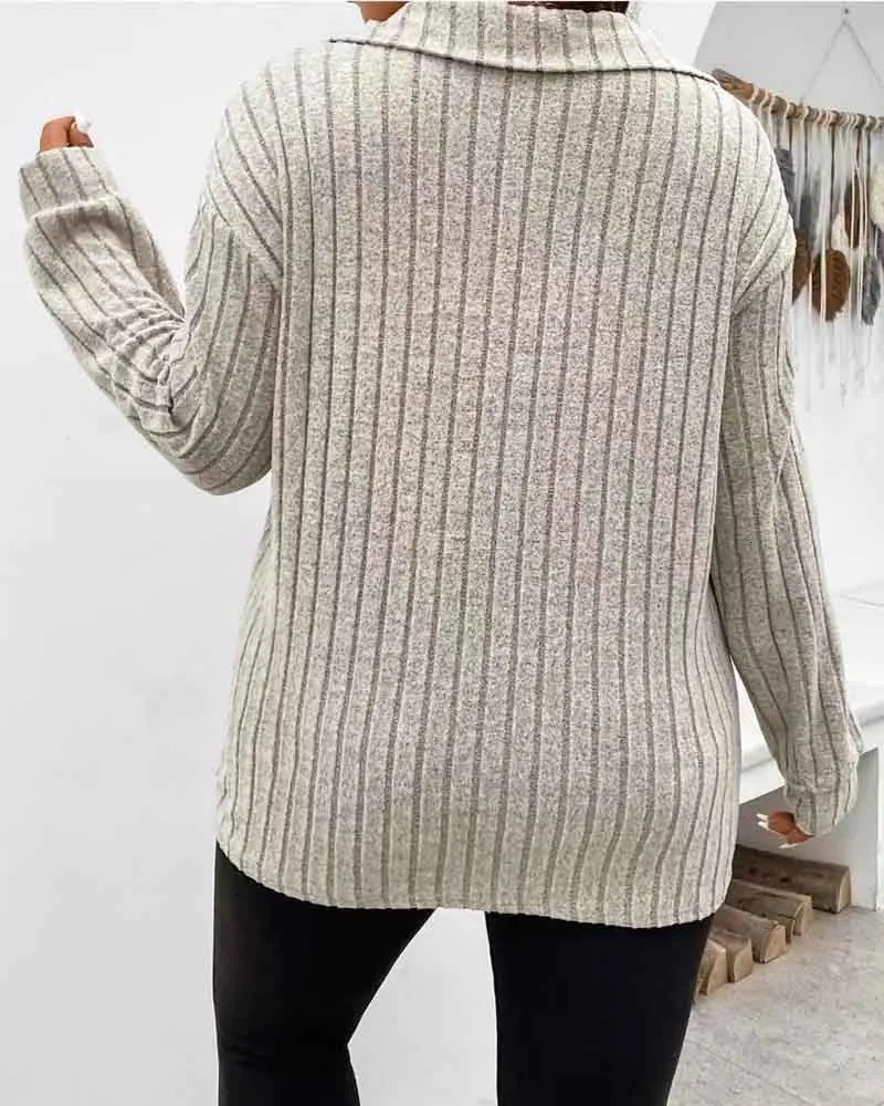 Womens Plus Size Casual T Shirt Solid Ribbed Long Sleeve Lapel Collar Slight Stretch Pullover 241011