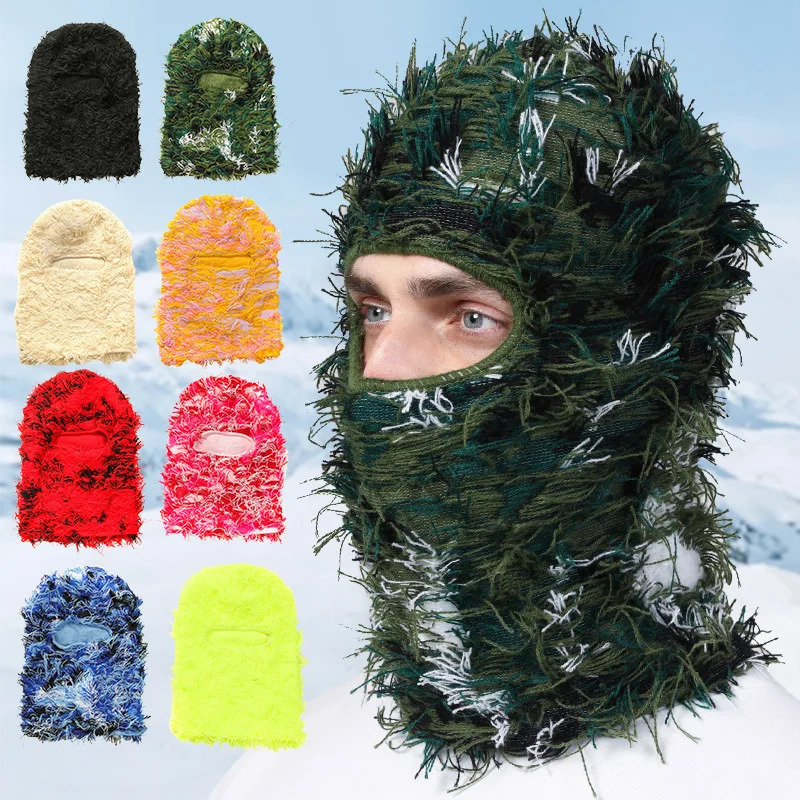 Full set of tassel ski mask Balaclava winter unisex windproof knitted beanie hat 241009