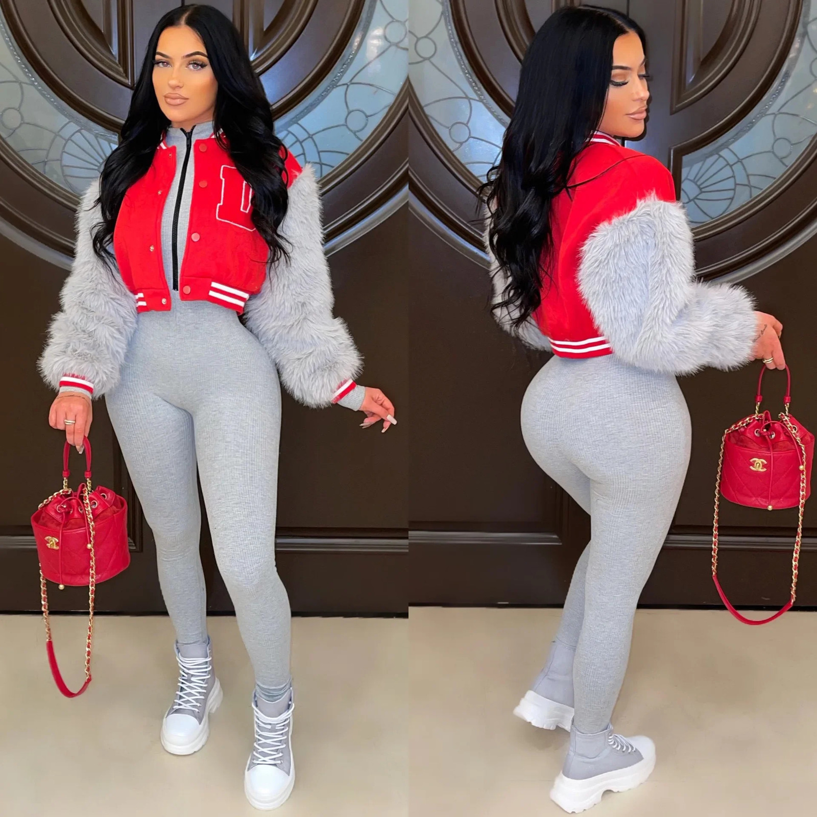 ANJAMANOR D-letter fur sleeve sports jacket womens clothing wholesale Cropped baseball college jacket cardigan D48-EB34 241011