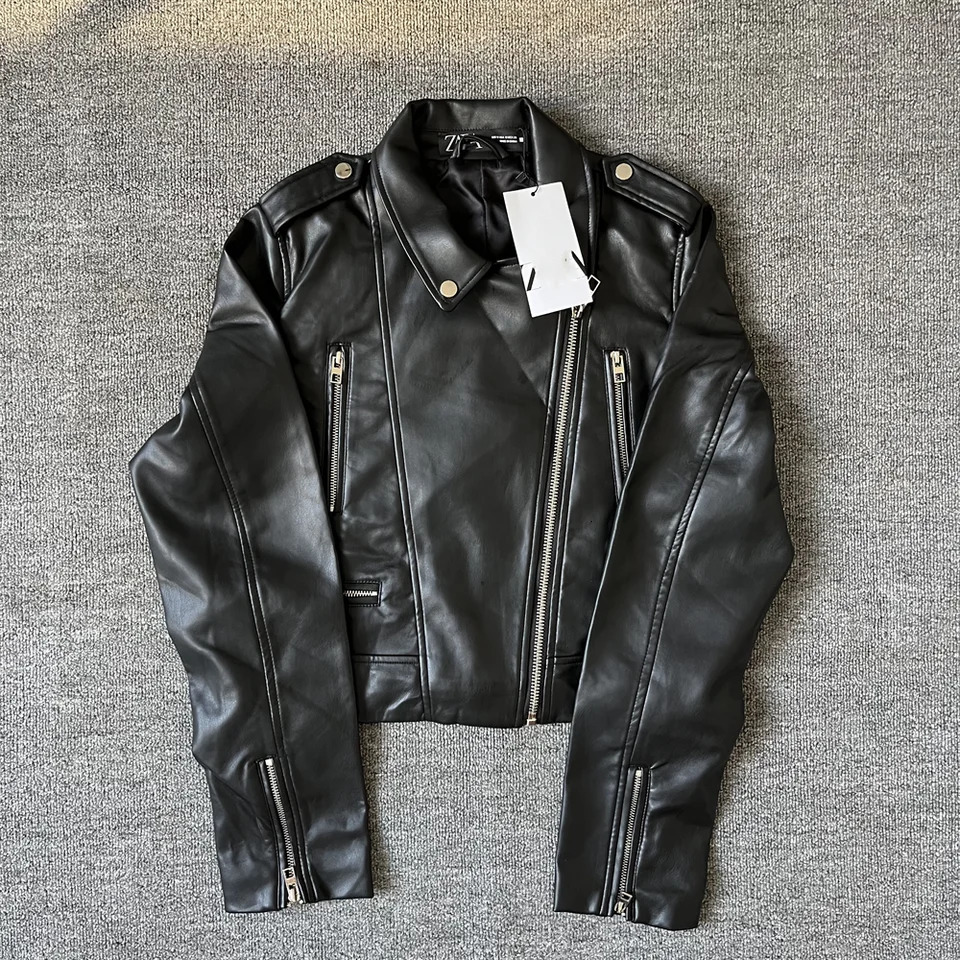 Taop Za Autumn Womens Fashion Warm and Slim Fit Lapel Short Leather Jacket Simple Jacket 241011