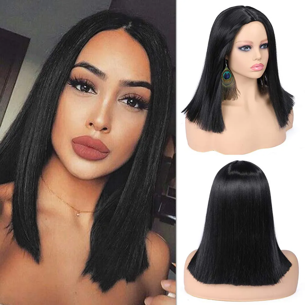 12inch European and American human hair lace front wigs BoBo head short black hair with short straight human hair wig