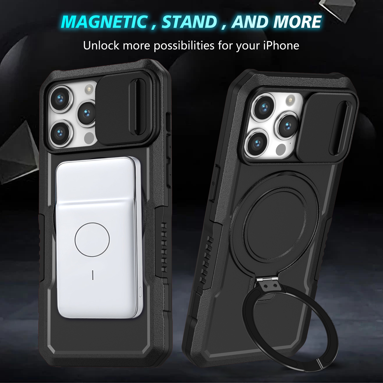 Full Slide Window Camera Protection Heavy Duty Shockproof Armor Bracket Ring Stand Magnetic For Magsafe Wireless Charging Case For iPhone 16 15 14 13 