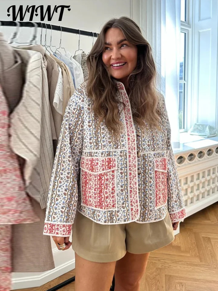 Printed patch work jacket womens loose O-neck single chest pocket jacket autumn/winter womens casual top 240927