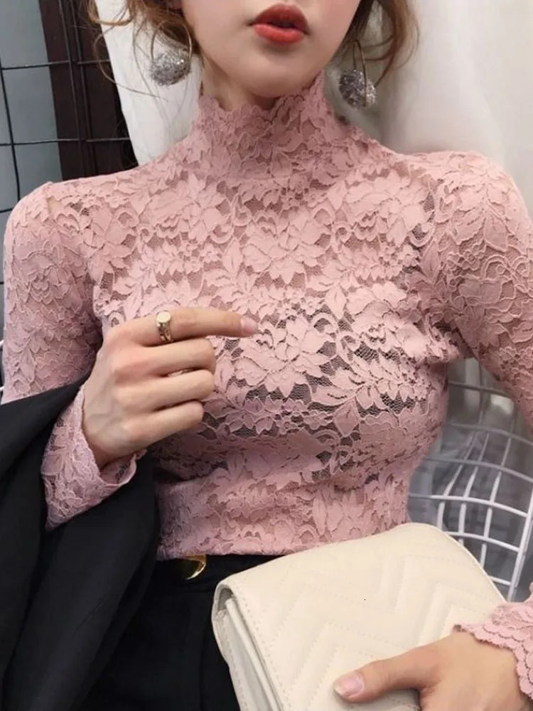 Autumn Women Thin Black Lace T shirt Sexy Turtleneck Long Sleeve Slim Crochet Patchwork Tee Tops 241011