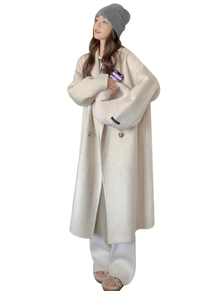 Korean double breasted long jacket for womens casual loose solid collar wool jacket for womens winter full matching chic streetwear 241007
