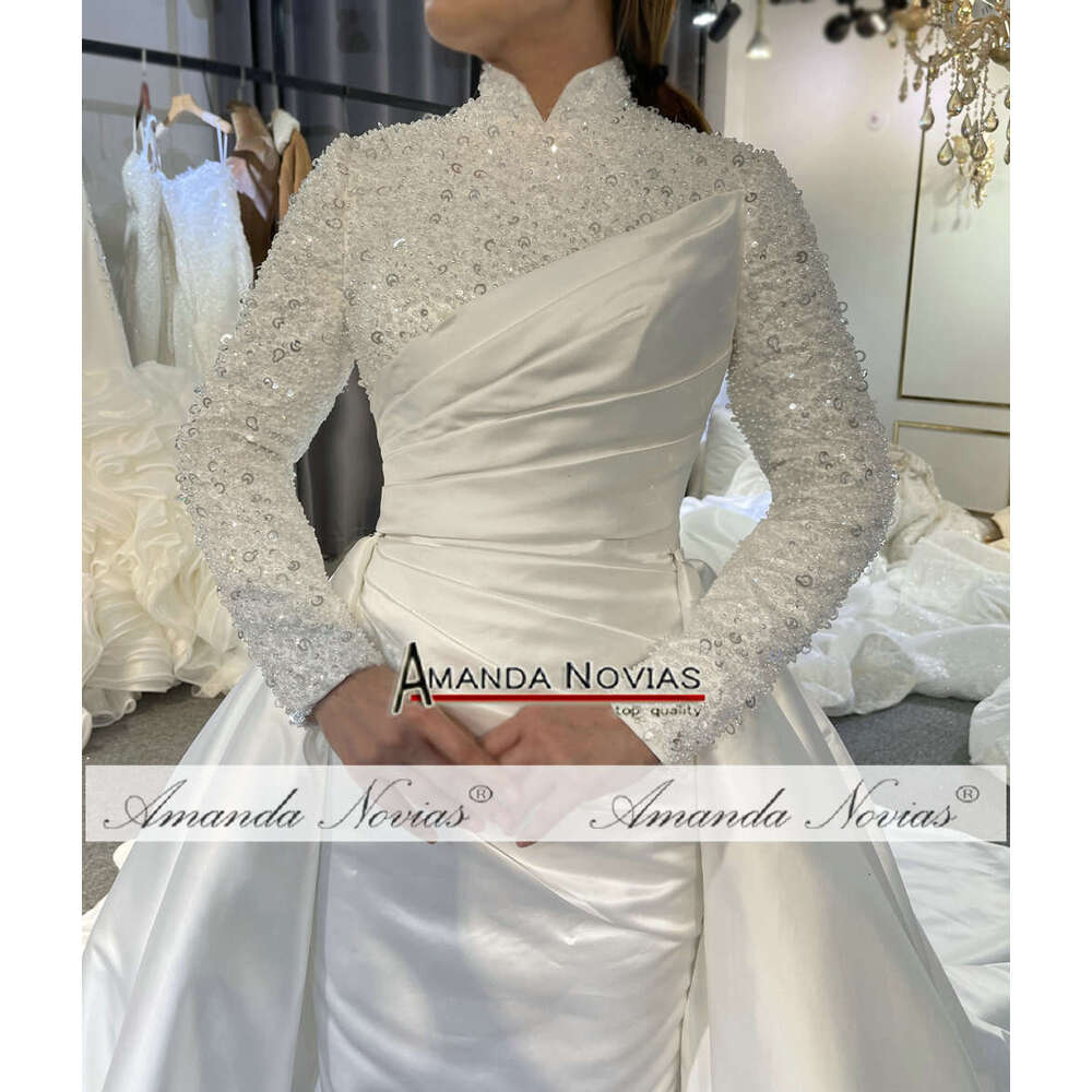 Muslim Satin Wedding Dress 2 in 1 Skirt Off The Shoulder Sequins New Design Wedding Dress Mermaid Strapless