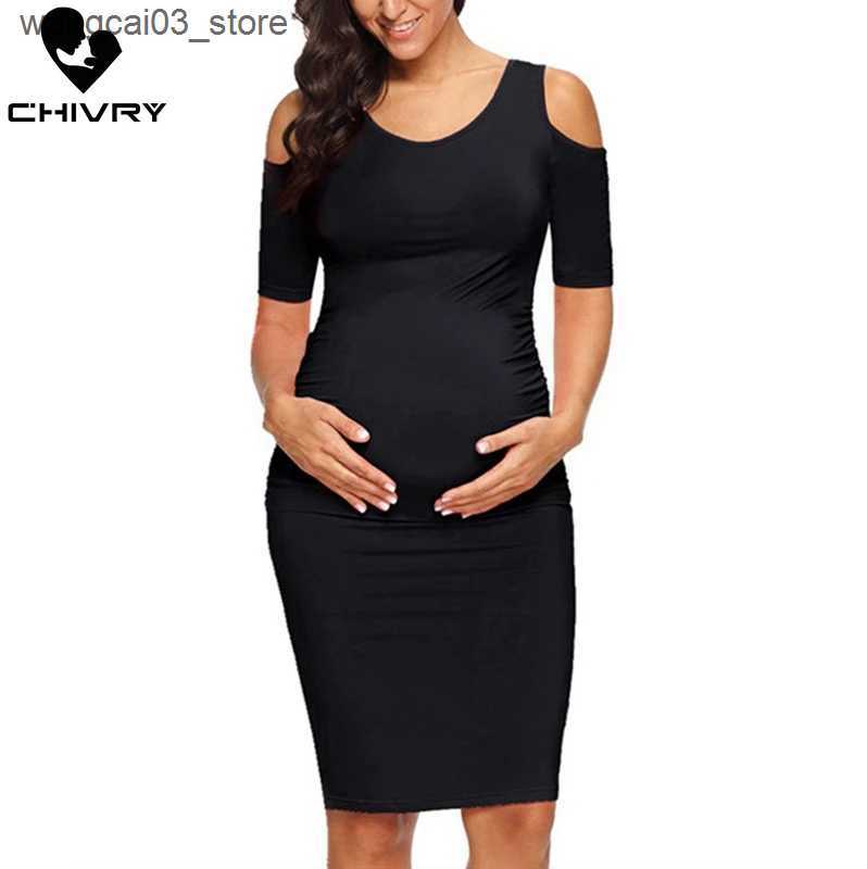 Maternity Dresses Chivry New Maternity Women Pregnancy Dresses Mama Clothes O-Neck Solid Sexy Off Shoulder Bodycon Pregnant Women Casual Dress L240910