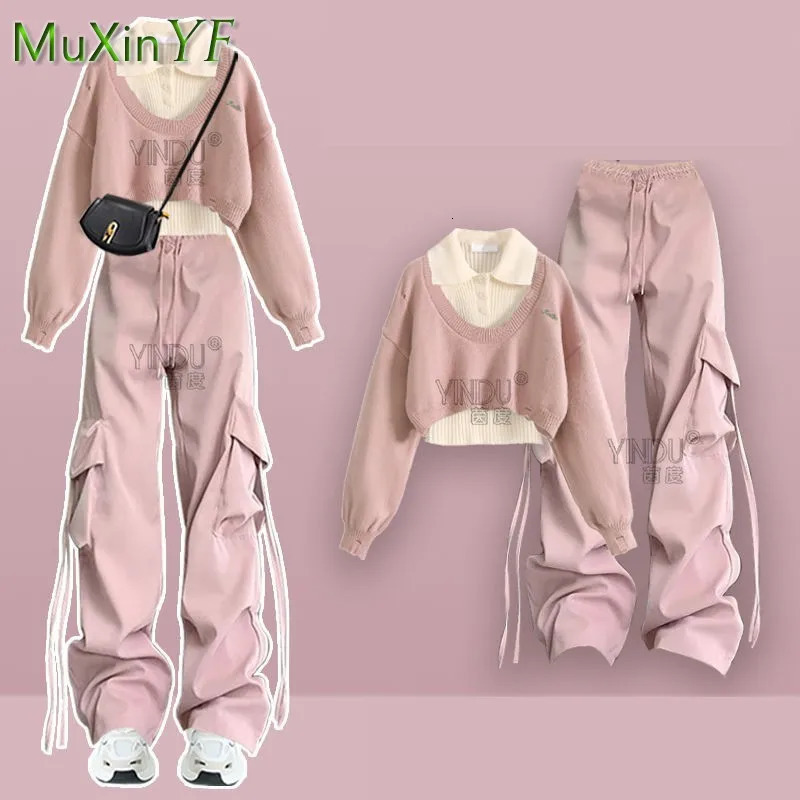Womens Autumn/Winter Sportswear Set Korean Elegant Knitted SweaterTank TopCasual Cargo Pants 3-Piece Set 241010