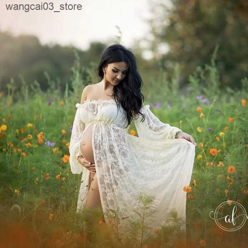 Maternity Dresses Maternity Photography Maxi Dresses Off Shoulder Mesh Lace Maternity Photoshoot Gown With Long Bell Sleeves Pregnancy Shooting L24091