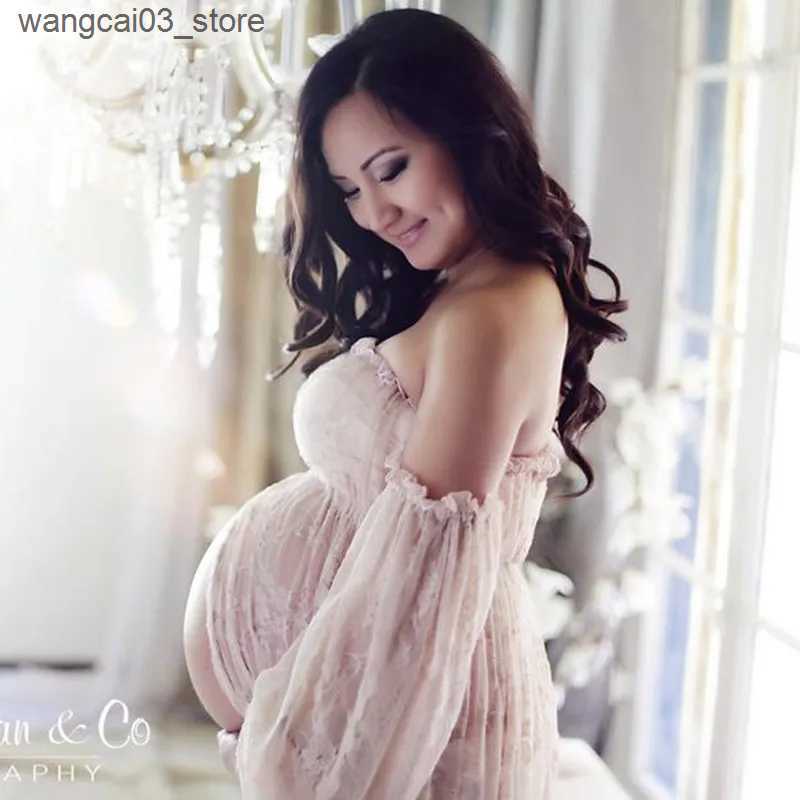 Maternity Dresses Maternity Photography Maxi Dresses Off Shoulder Mesh Lace Maternity Photoshoot Gown With Long Bell Sleeves Pregnancy Shooting L24091