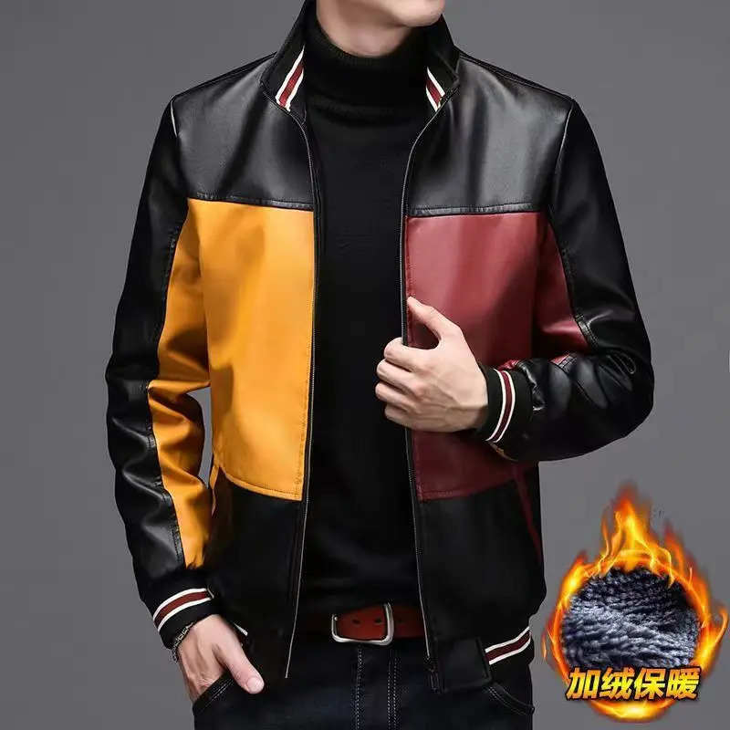 Winter PU Leather Mens Jacket Winter Fur One Piece Jacket Thick Warm Neck Jacket Mens Apron Jacket 240927