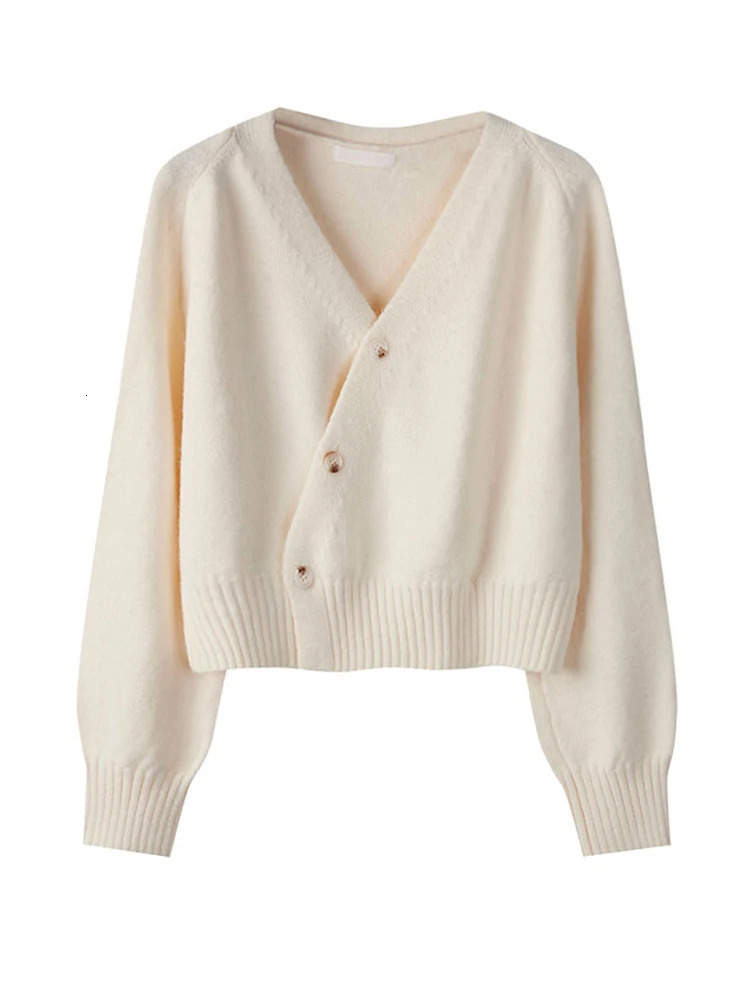 Autumn Winter Skew Button Cardigan Vneck Sweater Women Knitted Long Sleeve Tops Korean Loose Solid Cashmere for Woman 241007