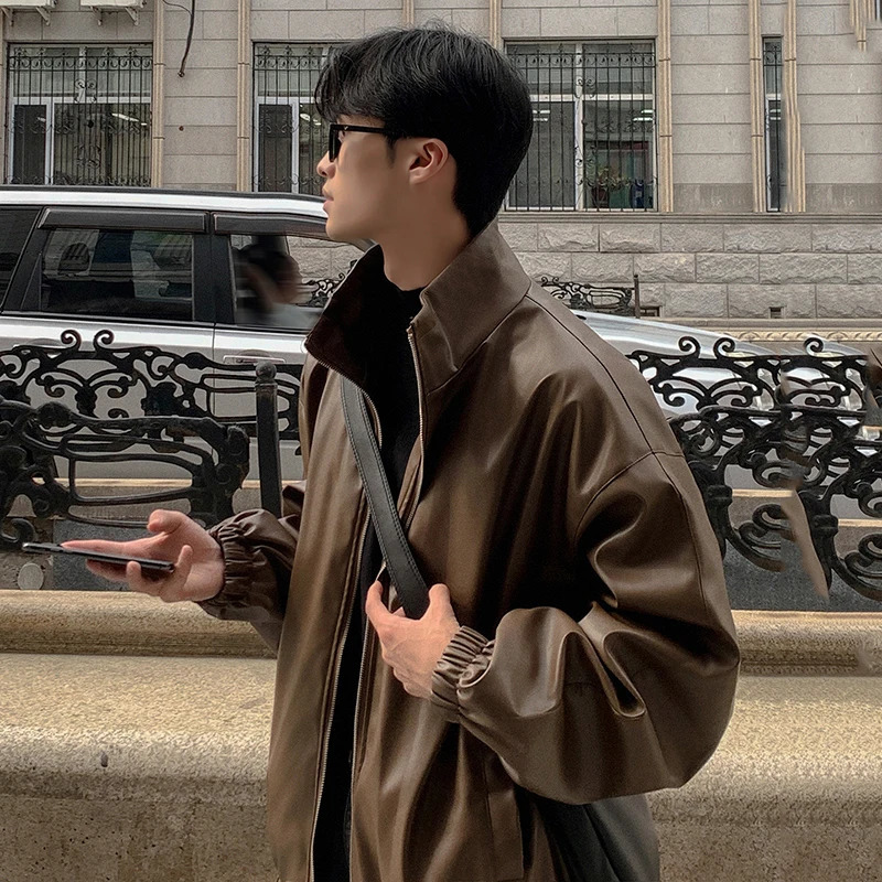 FEWQ American casual trend PU leather mens jacket autumn loose solid color stand up collar mens top Korean fashion 24E2052 241011