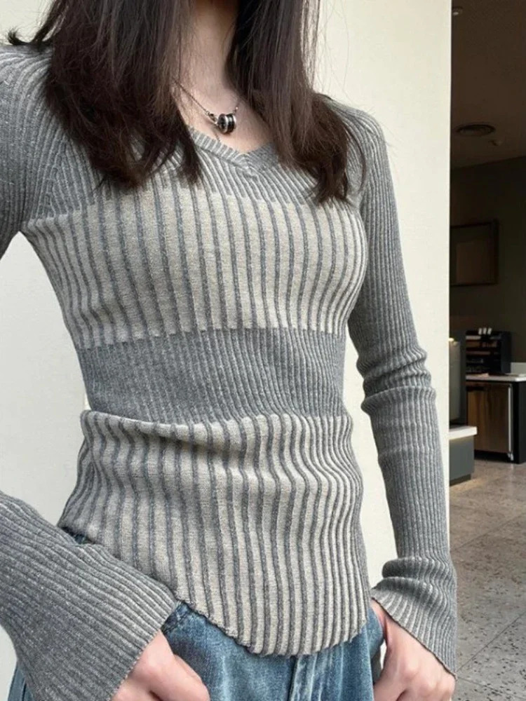 Vintage Elegant Striped V Neck Sweaters Fashion Slim Women Knitted Y2k Aesthetic Pullovers Korean All Match Grunge Sueter Mujer 241011