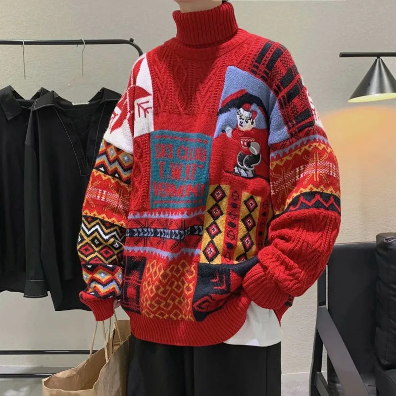 Winter Men Turtleneck Sweaters Christmas ski bear Knitted Pullovers Casual Sweaters Male Knitwear Hip Hop Pullovers 241009