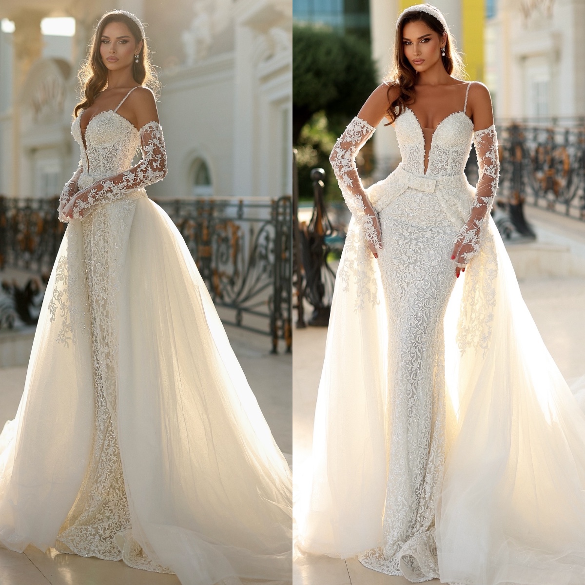 Sequined lace mermaid dresses with detachable train spaghetti wedding dress appliqued long sleeves princess backless bridal gowns