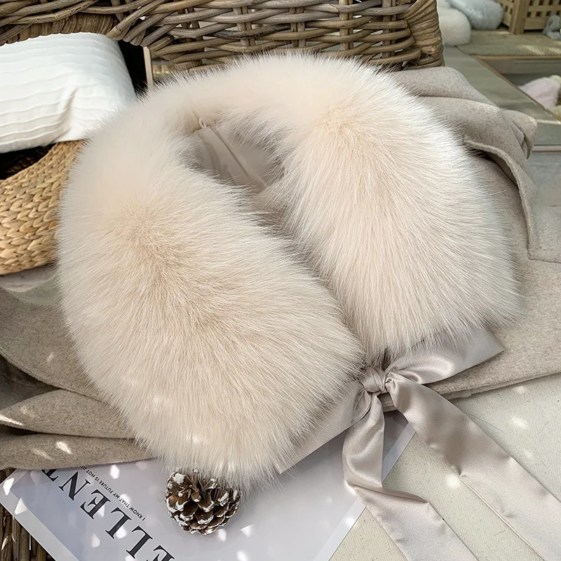 Real fox fur collar with ribbon 100% womens fur scarf for winter jacket fashionable warm multi-color 241011