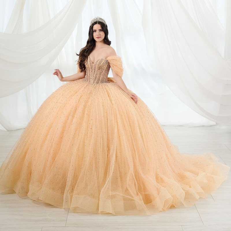 Champagne Shiny Princess Ball Gown Quinceanera Dresses Corset Gown Beads Crystal Tull Birthday Party Sweet 16 Dress Ball Gown Vestidos 15 De Anos