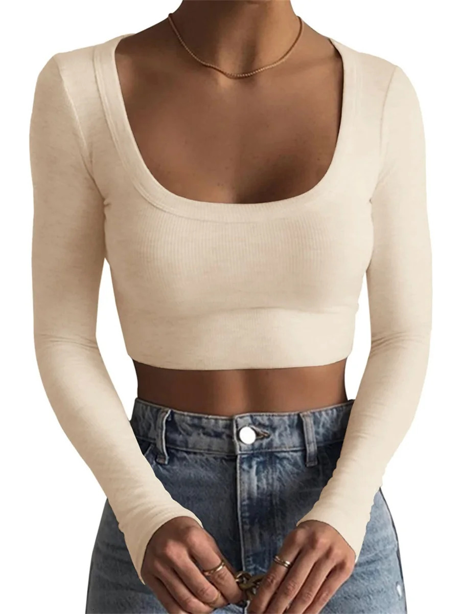 O Neck Ribbed Knitted Long Sleeve Shirts Women Sexy Cropped Tops y2k Casual Skinny Slim Basic Tshirts Tee Black White 241011